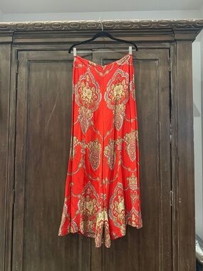 Anthropologie Red Paisley-Print Wide-Leg Pants